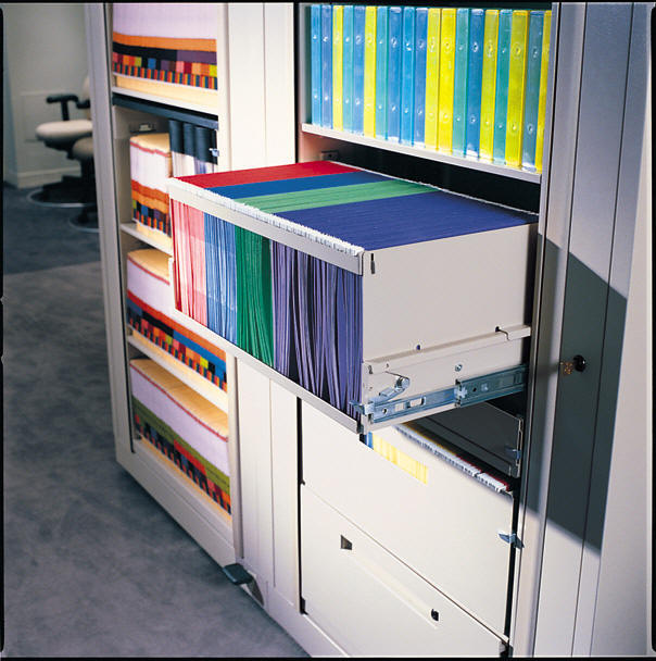 Rotary files can hold end tab files, small media in drawers, or top tab files in drawers all in one cabinet. A true multimedia cabinet changes with your needs