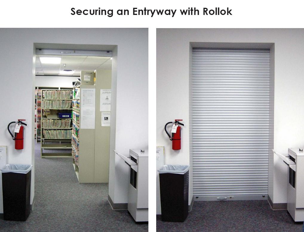 Security shutters, locking tambour doors to meet HIPAA, secure and lock files and charts, rolling doors for entryway to secure and lock file room.