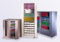 Rotary files hold files that are both top tab and end tab. Drawers can be added to the pivot cabinets.