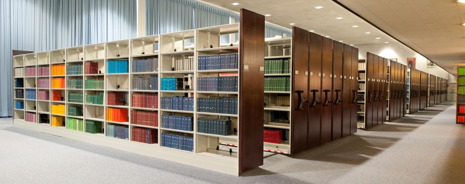 High Density Library Shelving with Dark Wood Shelving